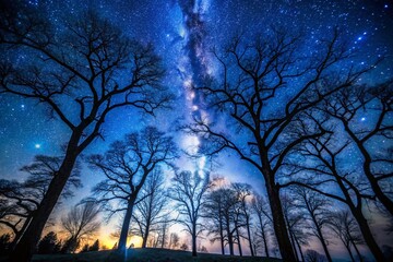Fototapeta premium Silhouetted trees stand tall against a dark blue night sky, their branches hiding the twinkling stars, creating a sense of mystery and solitude.