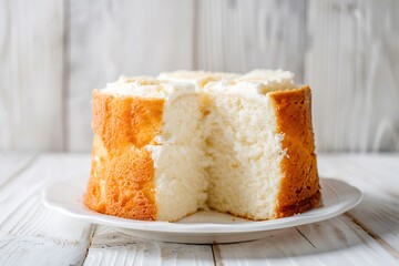 Angel food cake on white plate, photo shoot for ads, white wood background image.
