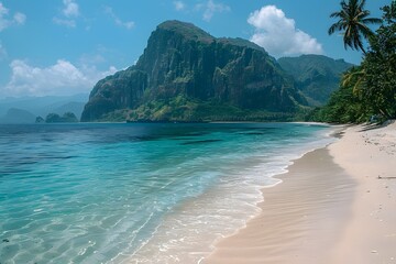 Obraz premium Tropical Beach with Pristine Waters and Majestic Mountains - Ideal for Travel and Vacation Posters