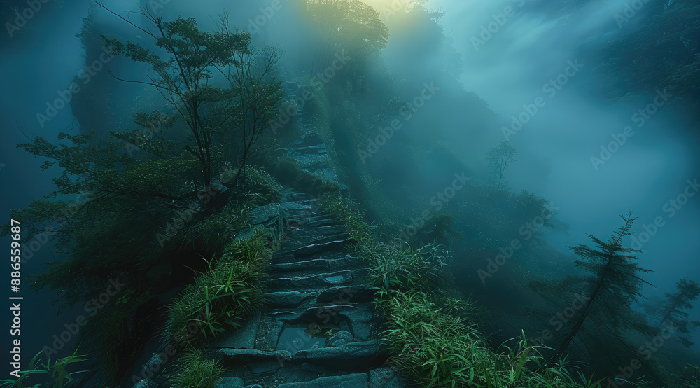 Poster Exploring a mystical foggy forest at dawn. Bright Light. Generative AI.