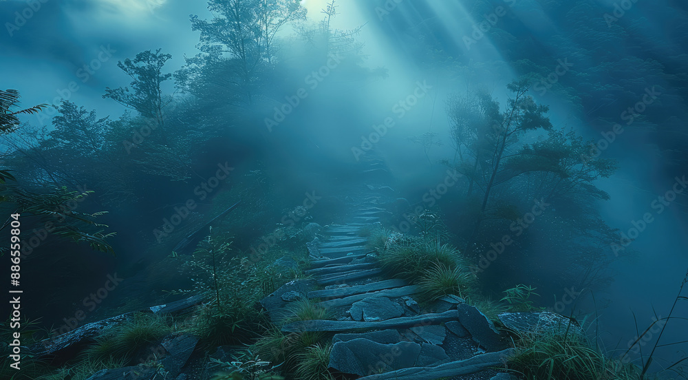 Poster Exploring a mystical foggy forest at dawn. Bright Light. Generative AI.
