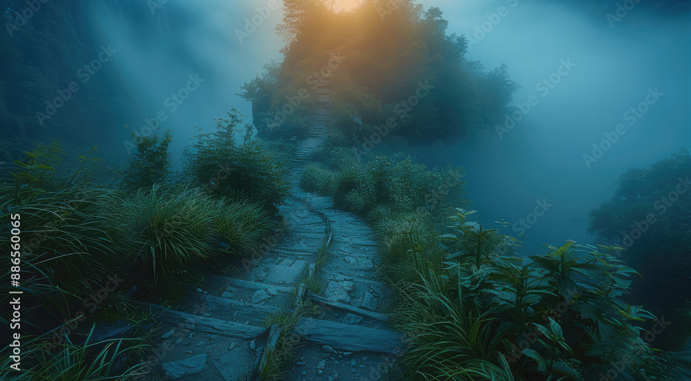 Poster Exploring a mystical foggy forest at dawn. Bright Light. Generative AI.
