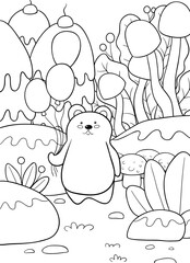 A kawaii bear with balloons on the background for children activity. Line art style illustration for coloring.