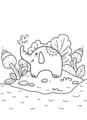 A cartoon elephant on the hill near the mountains panorama image , line art illustration for children.