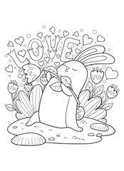 A rabbit in love with flowers illustration for children.A coloring page for relaxing activity.