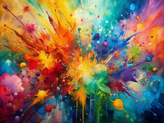 Vibrant abstract oil and acrylic painting on canvas with expressive brush strokes, splatter, and grunge texture, featuring a mesmerizing mix of colors, ideal for wallpaper.