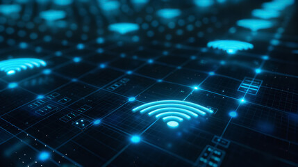 Obraz premium Glowing blue Wi-Fi symbols on a digital grid. Data sharing, connection, and communication concept background with copy space