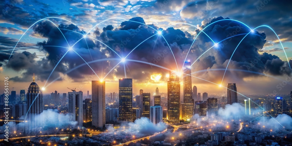 Poster a futuristic illustration of a network connected cityscape with glowing clouds and pulses of light, 