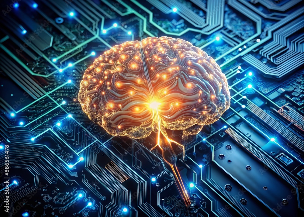 Aufkleber futuristic brain model merged with advanced motherboard, glowing circuits and wires, symbolizing art