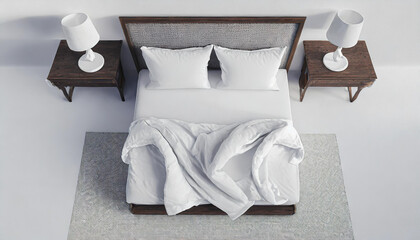 Blank white bed mock up, top view isolated, 3d rendering. Empty blanket and pillows mockup in bedstead. Doss with mattress and bedsheet in place for sleep template. Bedclothes with pilows and duvet