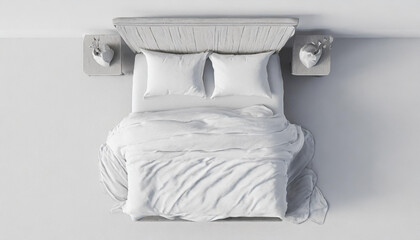 Blank white bed mock up, top view isolated, 3d rendering. Empty blanket and pillows mockup in bedstead. Doss with mattress and bedsheet in place for sleep template. Bedclothes with pilows and duvet