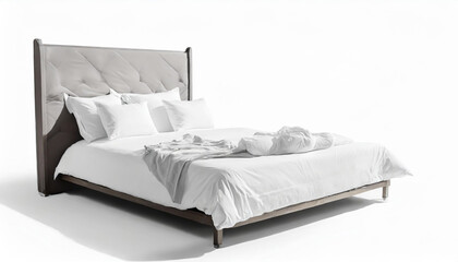 Blank white bed mock up, top view isolated, 3d rendering. Empty blanket and pillows mockup in bedstead. Doss with mattress and bedsheet in place for sleep template. Bedclothes with pilows and duvet