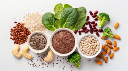 A beautifully arranged flat lay of vegetarian ingredients, including flax seeds, beans, nuts, and leafy greens, highlighting their amino acid content