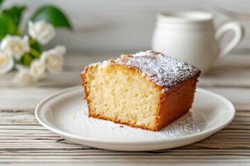 Pound cake on white plate, photo shoot for ads, white wood background image.