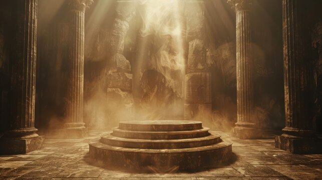 A large, empty room with pillars and a stone altar