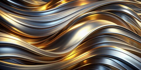 Shimmering silver and gold metallic curves undulate in mid-air, forming a mesmerizing abstract background with a sense of futuristic luxury and sophistication.