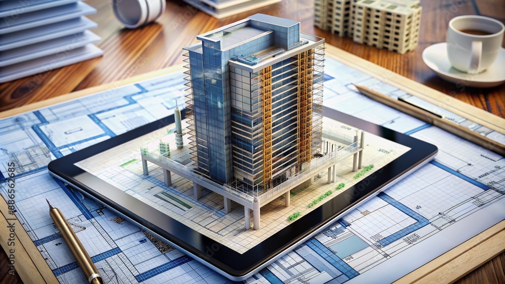Poster a sleek tablet computer lies on a cluttered table amidst rolled blueprints, displaying a 3d building
