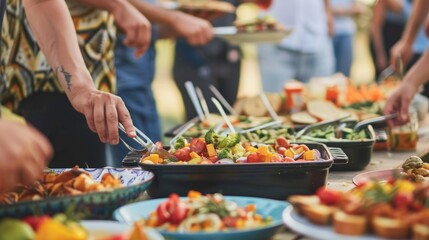 People enjoying a potluck picnic with homemade dishes at a Labor Day celebration with minimalist background
