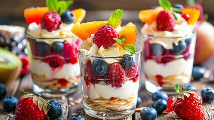 Dessert with fruit and cream, desserts with fruit in cups