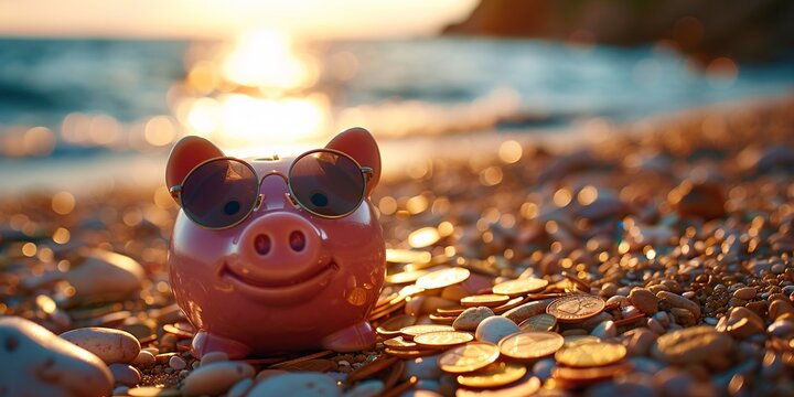Piggy bank with sunglasses relaxing on a beach next to gold coins. Summer vacation budget, holiday savings. Generative Ai