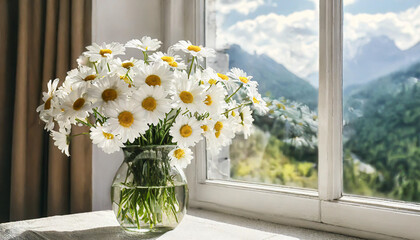 Bouquet of daisy flowers near window