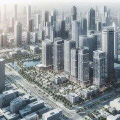 Современный городской пейзаж с высотными зданиями, улицами и парками. 