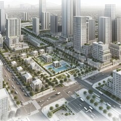 Современный городской пейзаж с высотными зданиями, улицами и парками. 