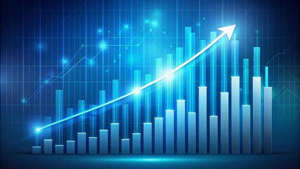 Upward trending digital graph with arrow rising to new heights on a bright blue background, symbolizing financial growth, success and progressive business strategies.
