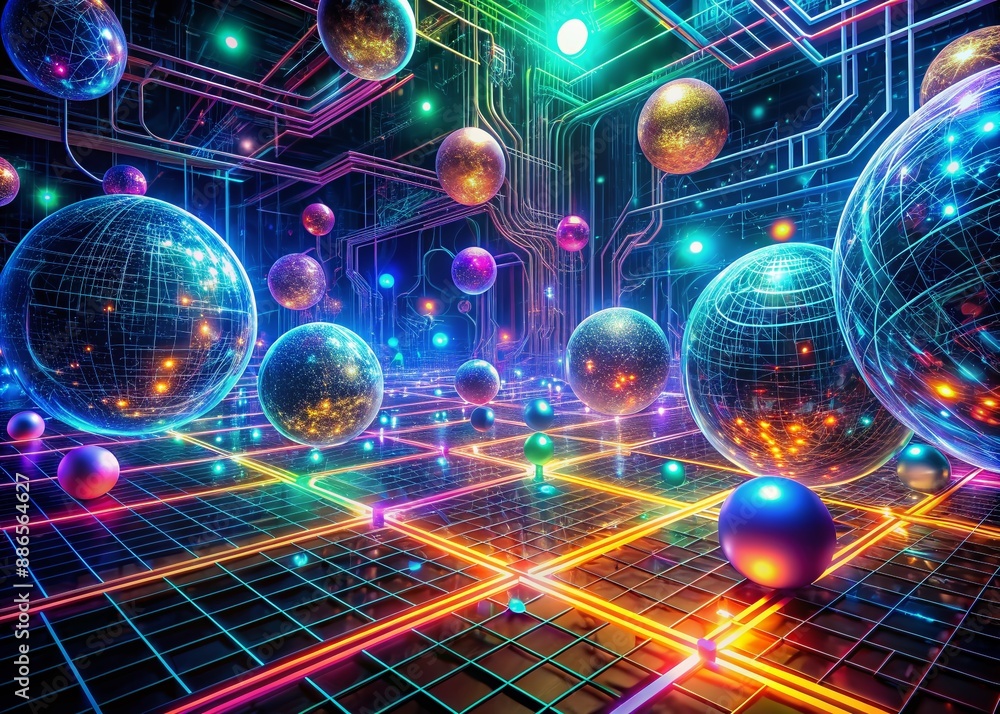 Poster vibrant neon grid of circuit boards and wires swirling in a mesmerizing dance, surrounded by stylize
