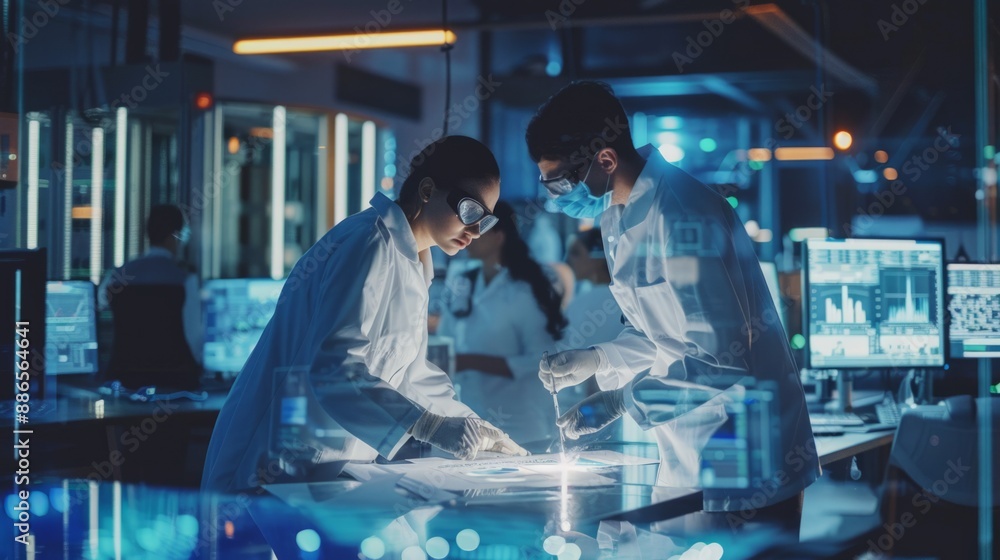 Poster two scientists in lab coats work together on an experiment in a brightly lit laboratory late at nigh