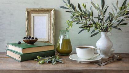 Breakfast still life. Cup of coffee, books and empty picture frame mockup on wooden desk, table. Vase with olive branches. Elegant working space, home office concept. Scandinavian interior design.