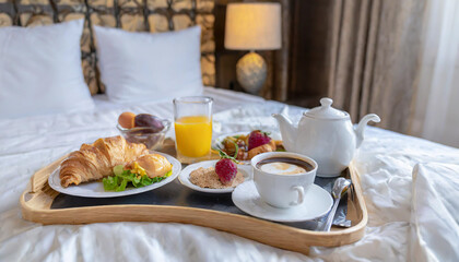 Traditional romantic breakfast in bed in white and beige bedroom