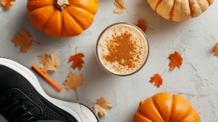 A gym setup featuring a top view of a post-workout drink made with pumpkin, non-dairy milk, and muscle-boosting ingredients, surrounded by workout gear