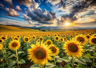 Fototapeta premium Vibrant yellow sunflowers stretch towards the sky in a endless sea of gold, set against a backdrop of rolling green hills and wispy white clouds.