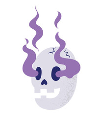 Cute smiling skull with magic flaming eyes, hand drawn in cartoon style, isolated vector illustration