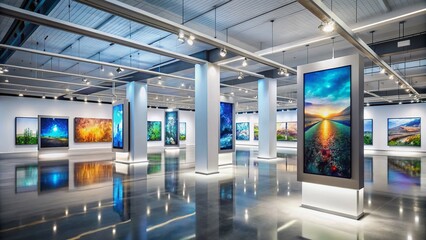 Modern art gallery with futuristic twist, featuring large digital screens displaying artistic masterpieces, empty white space and sleek flooring, awaiting visitors' exploration.