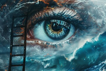 "Surreal Eye and Ocean Waves Digital Artwork"