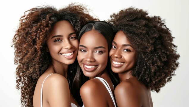 Three young beautiful smiling diverse women friends with long salon styled hair posing together, healthy locks. isolated white background. Friends Group
