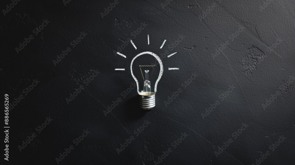 Poster stationery items arranged in the shape of a light bulb icon on chalkboard with minimalist background