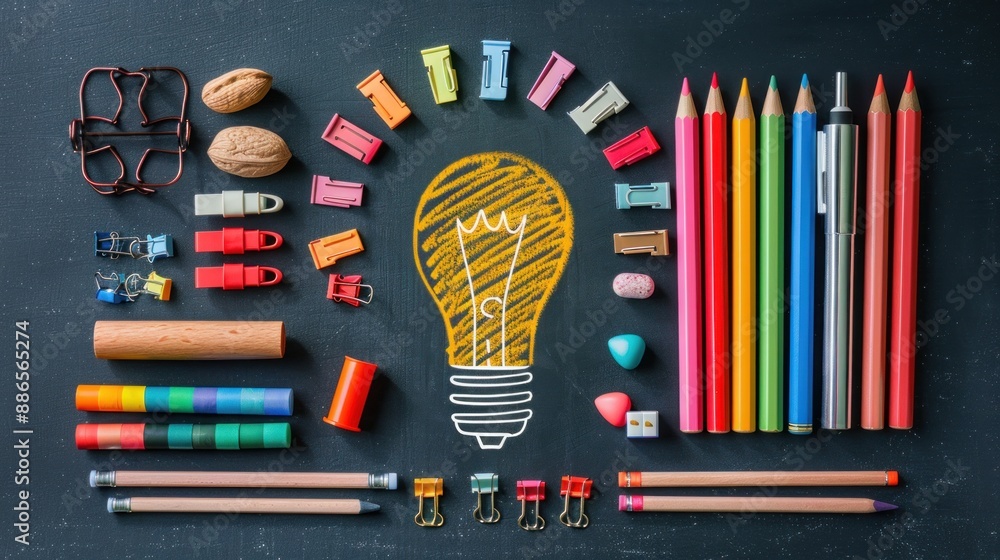 Poster stationery items arranged in the shape of a light bulb icon on chalkboard with minimalist background