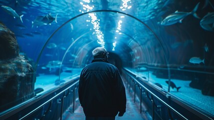 Obraz premium A lone old man who is introvert by nature, is visiting an aquarium and having time with himself and his thoughts