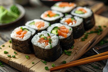 Sushi Rolls on Wooden Board