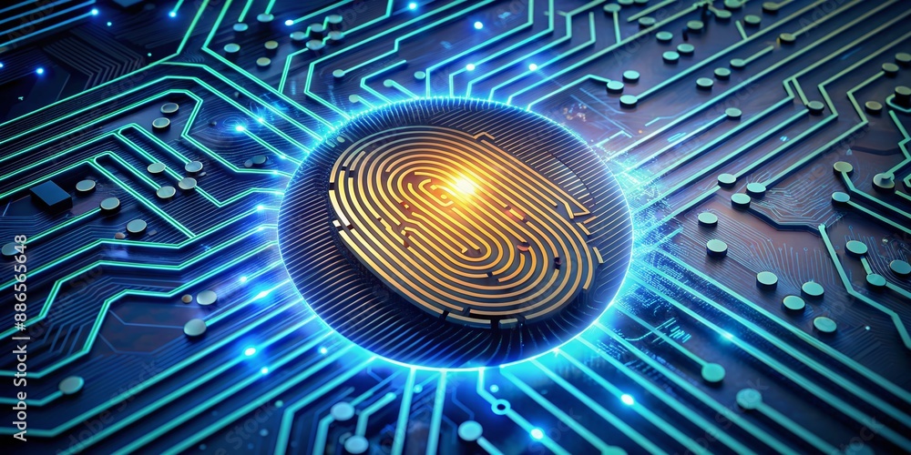 Poster modern biometric security system featuring a futuristic fingerprint scanner integrated into a sleek 