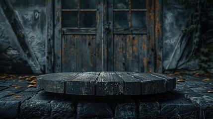 A wooden table with a door in the background