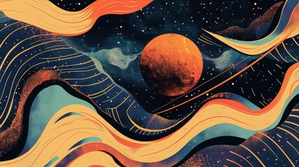 Obraz premium An abstract painting of a planet. The planet is orange and the background is a dark blue. The painting has a retro, vintage feel.