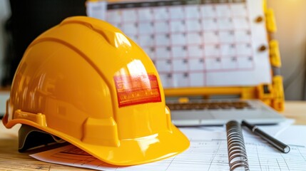 Yellow helmet with a calendar showing Labour Day marked in red with minimalist background