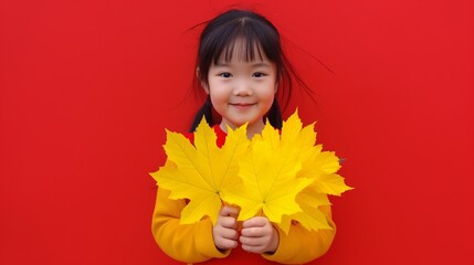 A young girl is holding two yellow leaves in her hands and smiling. Concept of innocence and joy, as the girl appears to be enjoying the simple pleasure of holding the leaves