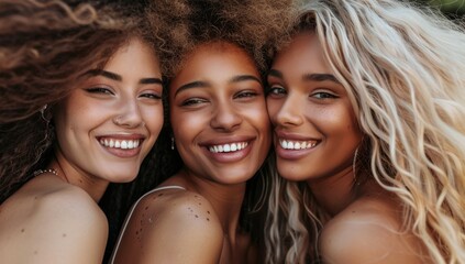 Fototapeta premium Three beautiful diverse smiling women African American models, flawless glamor makeup. multiracial women, three beautiful women with different skin tones, african ethnicity lifestyle friendship group