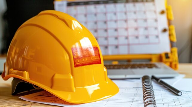 Yellow helmet with a calendar showing Labour Day marked in red with minimalist background