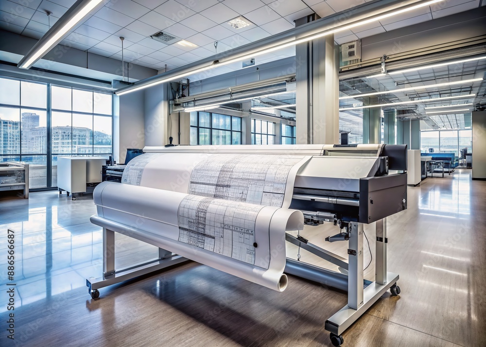 Poster large format plotter in a modern engineering office prints out detailed technical drawings on a wide